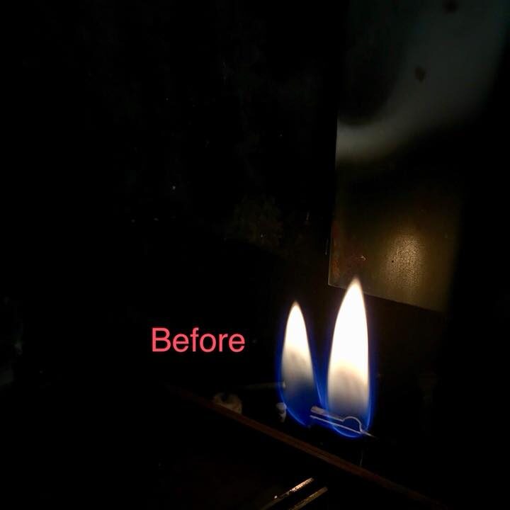 Before IMage of Gas Flame, Yellow Flame equals bad, Blue Flame equals good